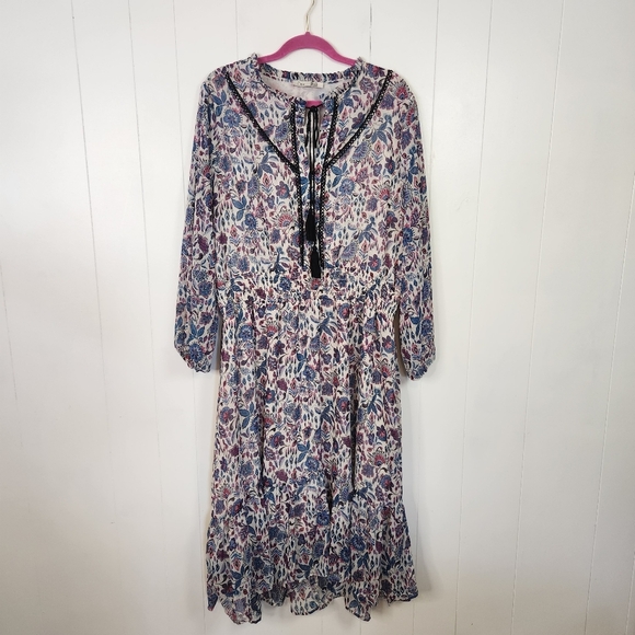 Dex Plus Gracie Contrast Trim Midi Boho Dress Purple Long Sleeve Size 1X Smocked - Picture 2 of 13